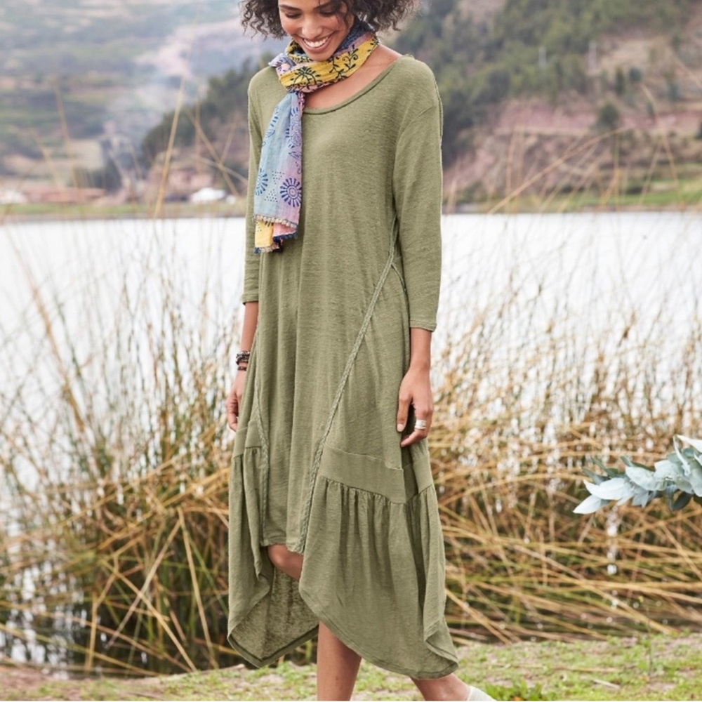 Sundance Sage Green Iveline Linen Scoop Neck Handkerchief Asymmetrical Dress L